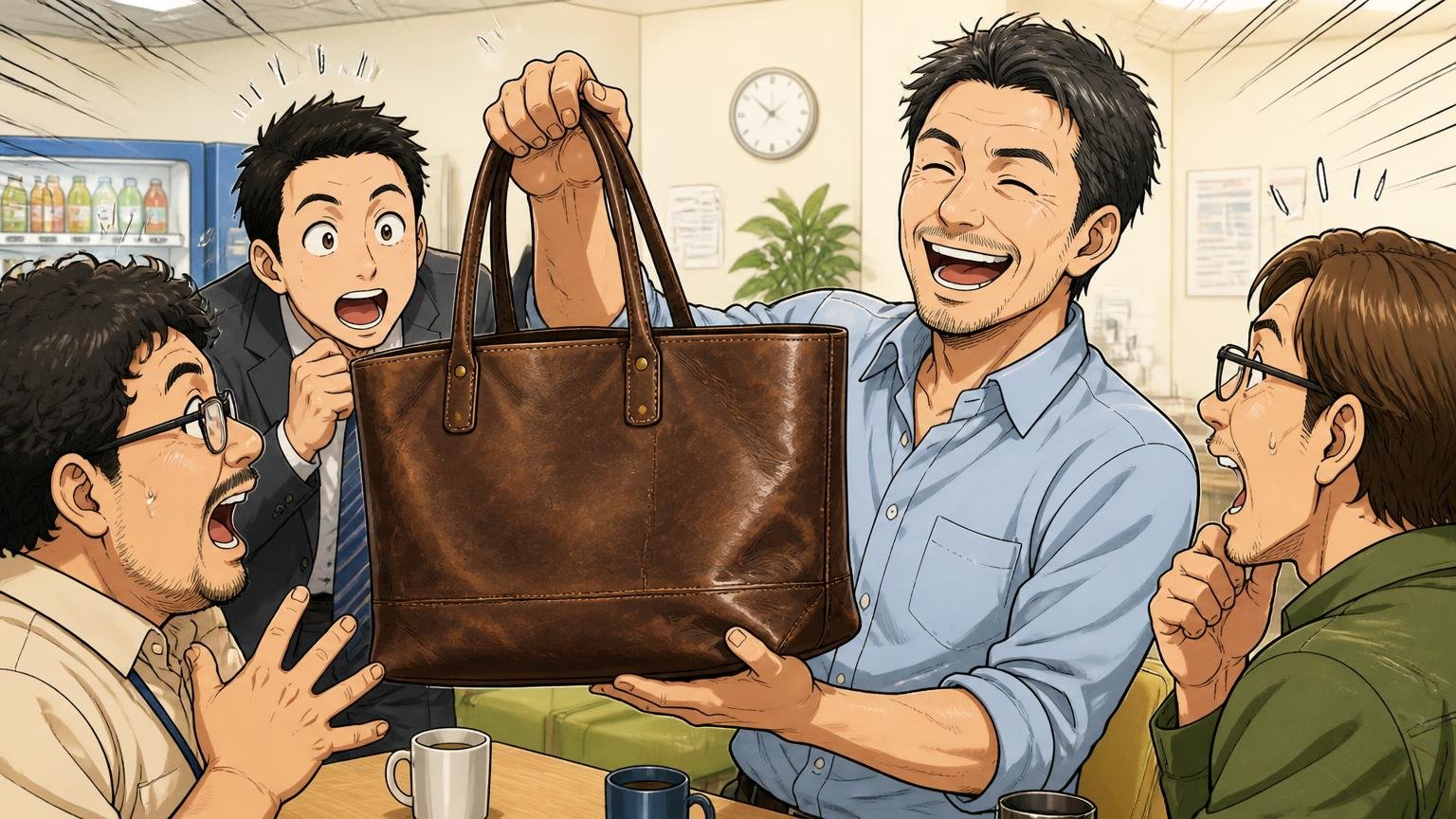 使用年数のある口コミには良い面と気になる面が同居している、会社の休憩室で5年使い込んだ革トートを同僚3人に見せる40代男性が誇らしげに笑う場面