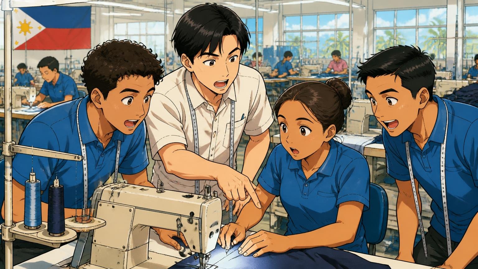 生産国は日本ではなく、フィリピンの自社工場 海外の明るい工場で日本人スタッフが現地の職人に縫製を指導する場面 4人 指をさしながら説明する