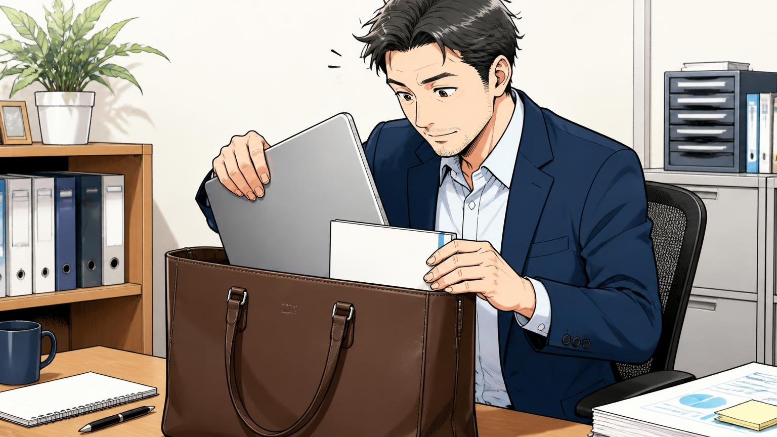 A4とノートPCが入るか確認 オフィスのデスクでノートPCを革トートにしまう40代男性1人