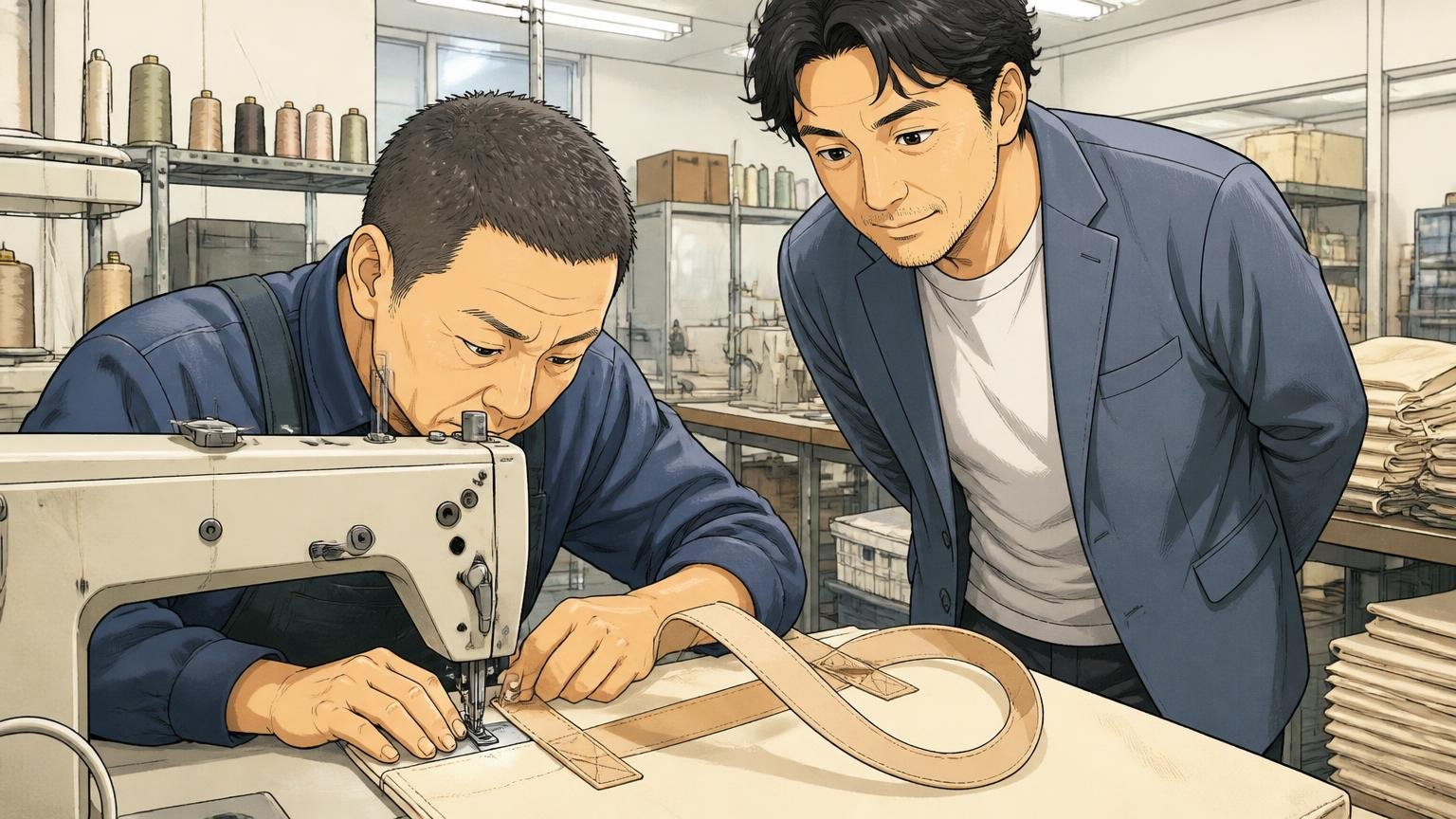 原産国は日本で国内縫製　国内の縫製工場で職人がトートの持ち手を縫い付ける場面を見守る40代男性の場面