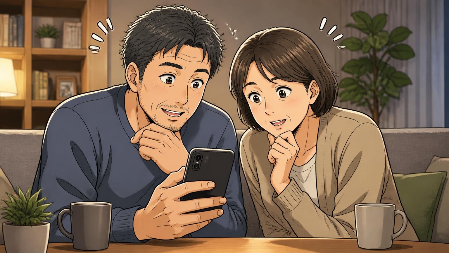 自分と同じ用途の人の声を探す　夜のリビングでスマホのレビューを読み比べる場面　40代の夫婦2人が画面をのぞき込みうなずく