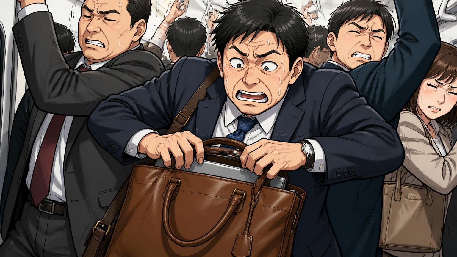 向いていない人：毎日重いPCを運ぶ、形のきっちり感が最優先、満員電車で開いた革トートの口を押さえて焦る40代男性