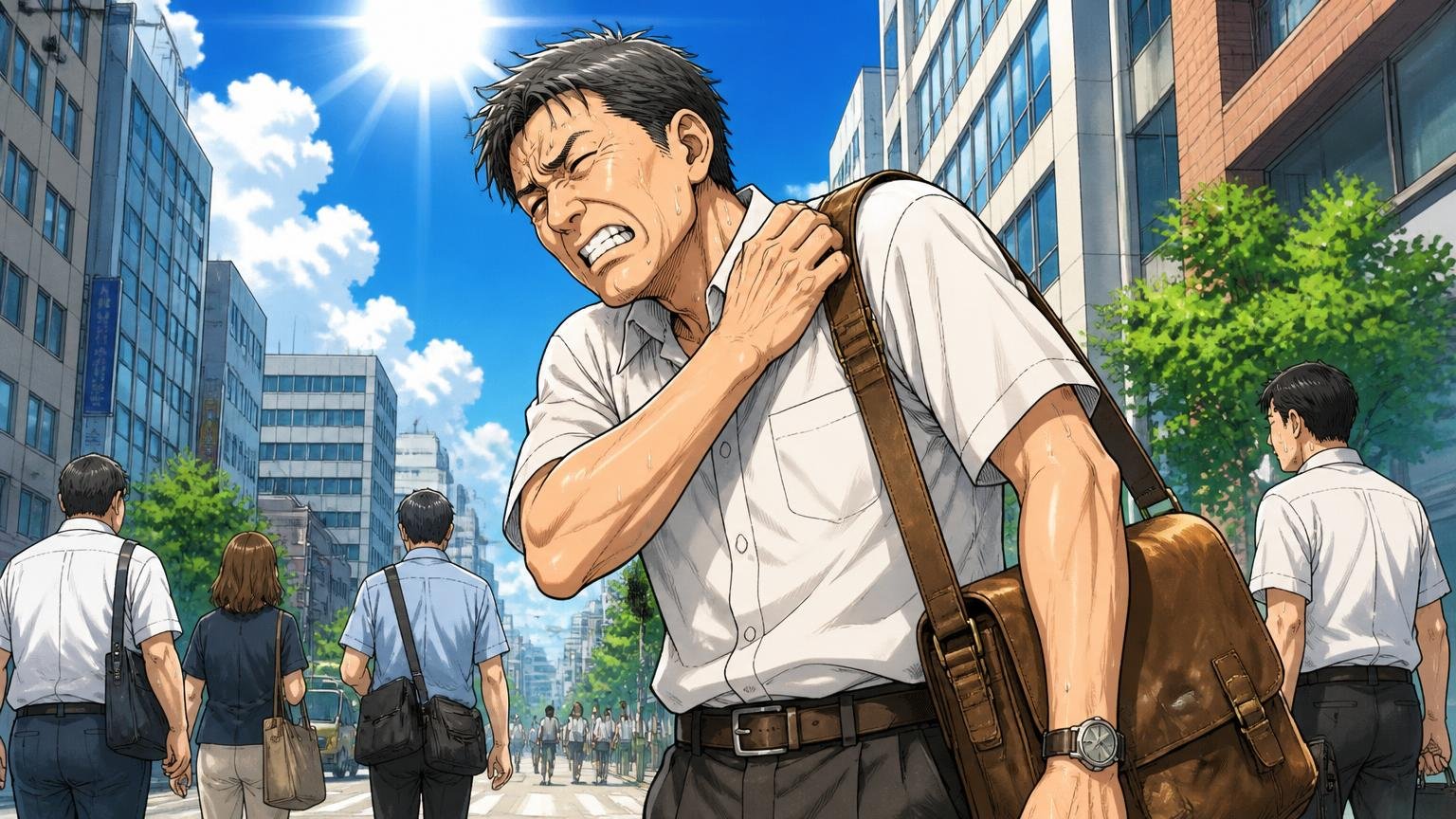 向いていない人｜重いPCと大量の荷物を毎日長く運ぶ 炎天下の外回りで重い革のショルダーバッグを肩にかけて歩く場面、40代男性1人、汗をかいて肩をさする