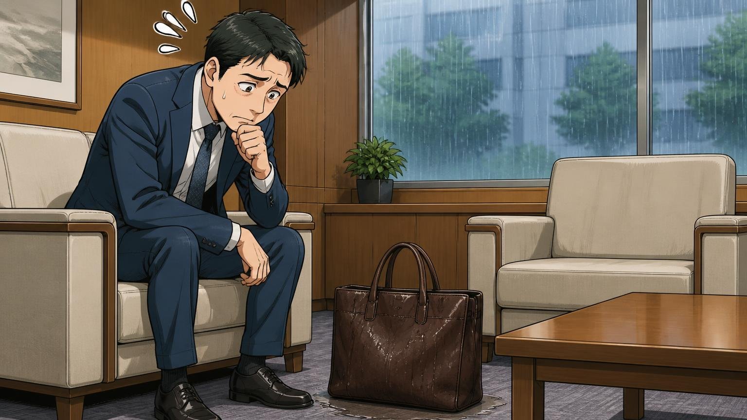 向いていない人は「商談・雨の日・10年使用を1本で叶えたい40代」 取引先の応接室で床に置いた革トートを気にする40代男性1人の場面