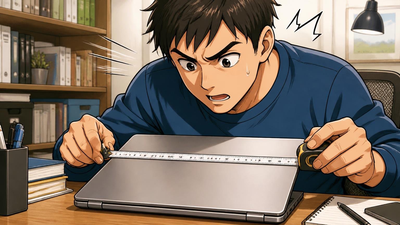 「14インチ対応」でも入らない？PCは寸法で照合する 自宅の書斎でメジャーを使いノートPCの幅を測る男性1人が真剣な表情の場面