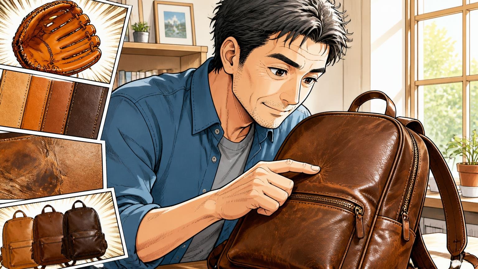 グラブレザーの強みと、色落ち・個体差という注意点、明るい窓辺で革リュックの表面を指でなぞる40代男性1人が革の質感を確かめる場面