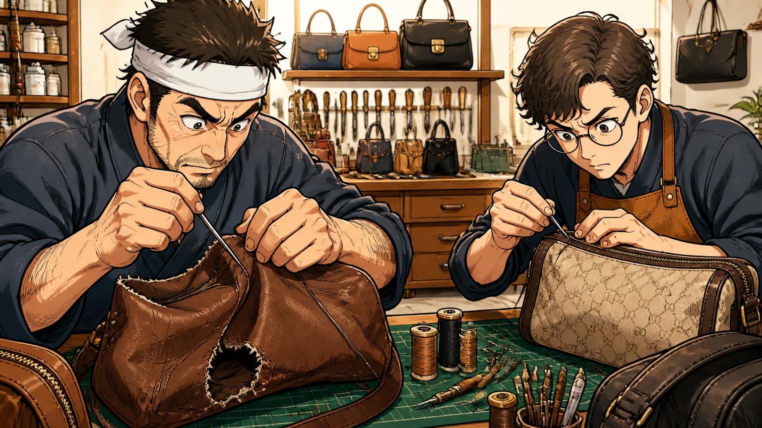 修理専任の職人がいて、他社製品の修理まで受け付けている 修理工房でほつれたバッグを縫い直す職人2人が集中する場面