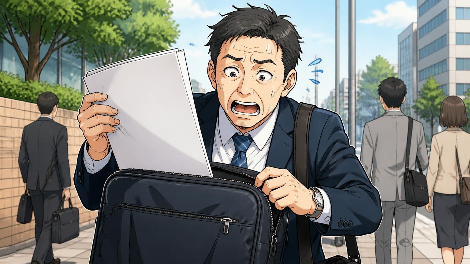 向いていない人は「A4書類やPCを持ち歩く人」「自転車移動が多い人」 朝の通勤路でA4書類がバッグに入らず困った顔をする40代男性1人