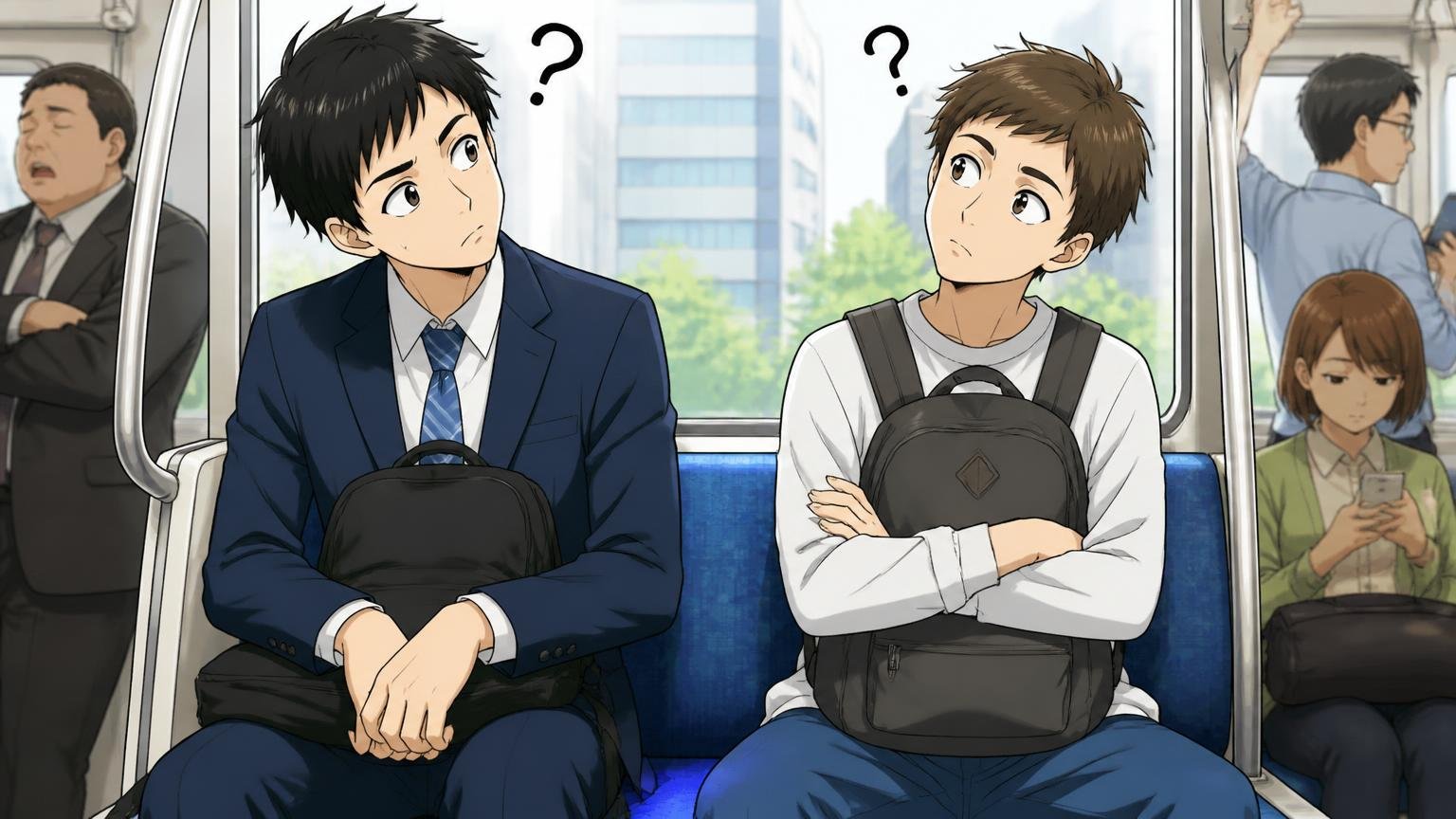 「重い」「軽い」が両方ある理由は比べる相手の違い、通勤電車の車内でリュックを膝に置く男性とナイロンリュックの男性の2人が首をかしげる場面