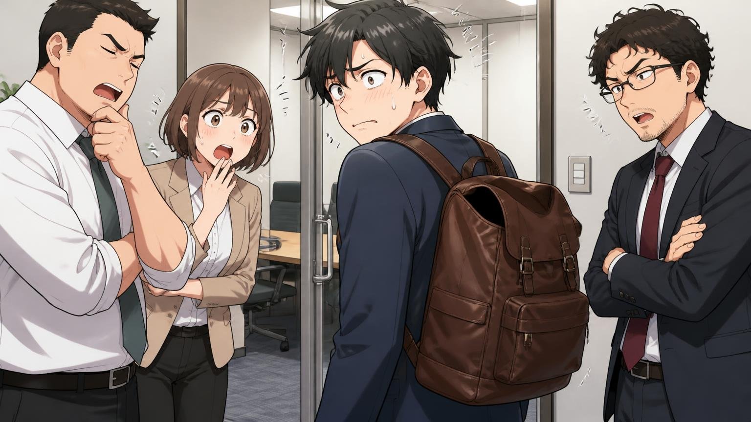 向いていない人｜荷物が多い人、試してから買いたい人、革の重厚感と品格を最優先したい人　会議室の前で革リュックを背負い気まずそうに立つ男性と同僚の3人