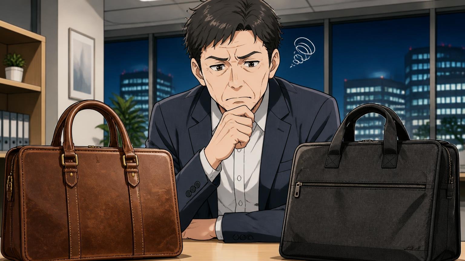 向いていない人：40代らしい革の質感と、落ち着いた見た目を最優先したい人 夜のオフィスで革バッグと見比べる40代男性が迷う場面