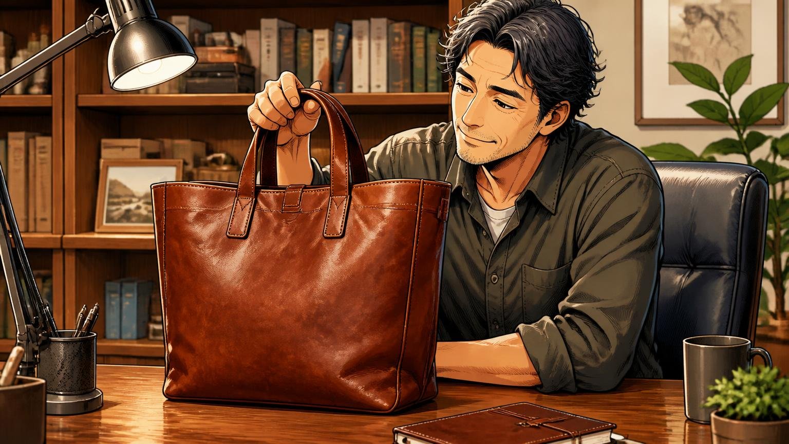 素材は栃木レザー、5年・8年使い込んだ人の声 書斎の机で何年も使い込み色が深まった革のトートバッグを満足げに眺める40代男性1人