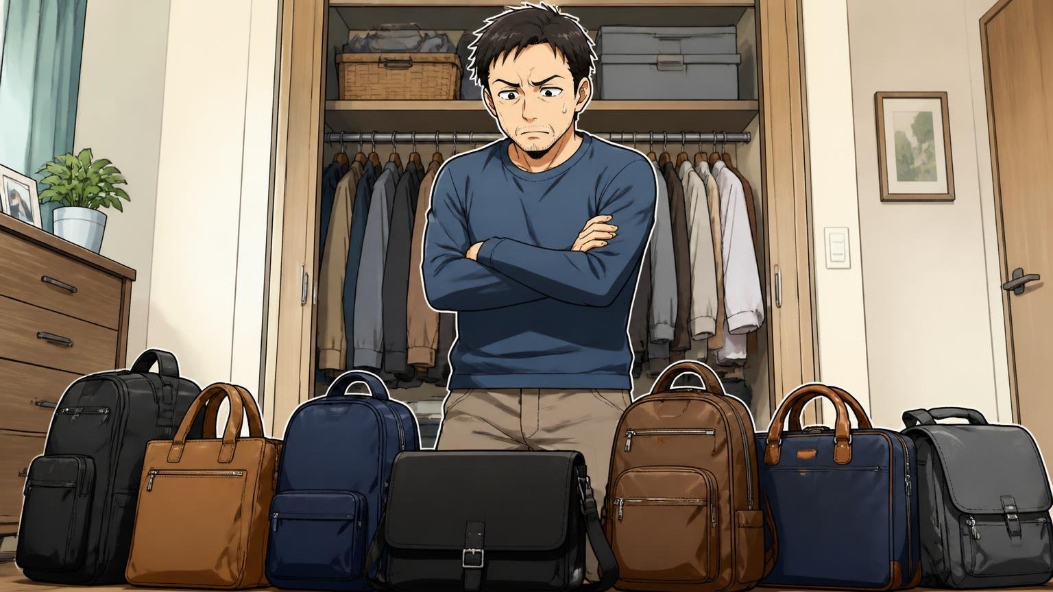 向いていない人、自宅のクローゼットの前で何本も並んだバッグを前に腕を組んで悩む40代男性1人の場面