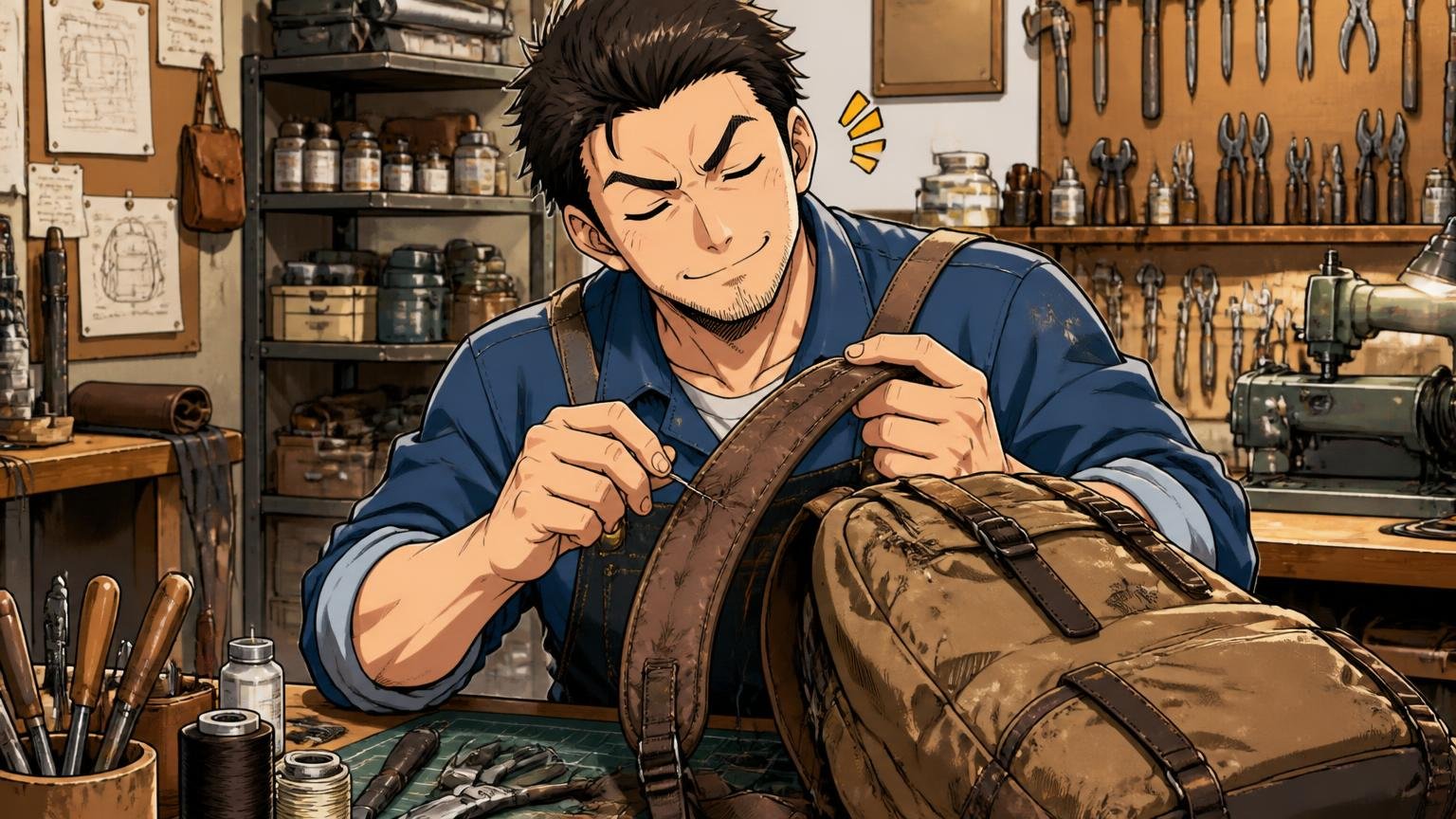 修理まで自社工場の職人が担う体制がある、工房の作業台で職人1人が使い込まれたリュックの肩ベルトを丁寧に直し満足げにうなずく場面