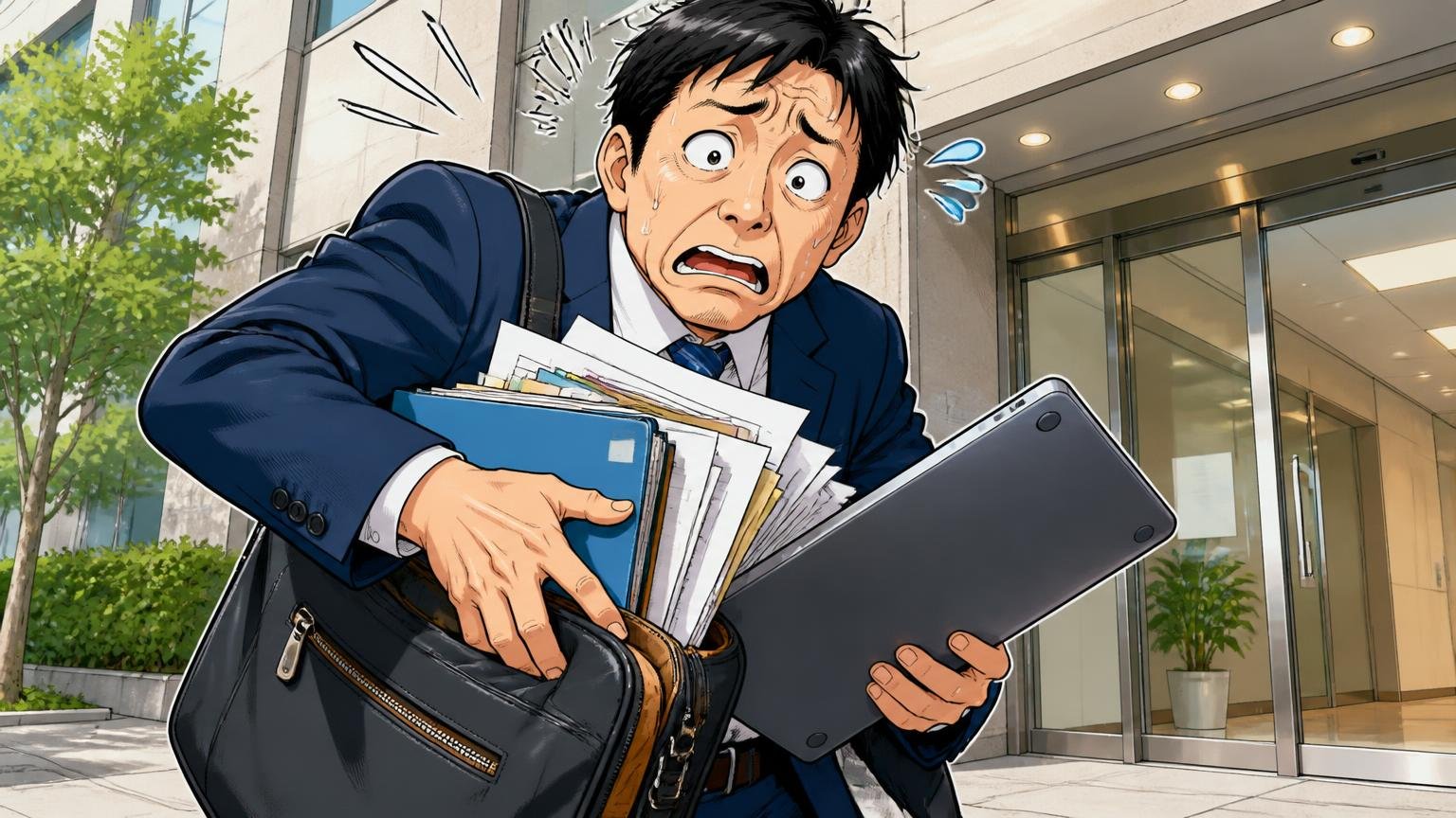 バルケッタが向いていない人、朝のオフィス前で書類とPCが入らず焦る40代男性の場面