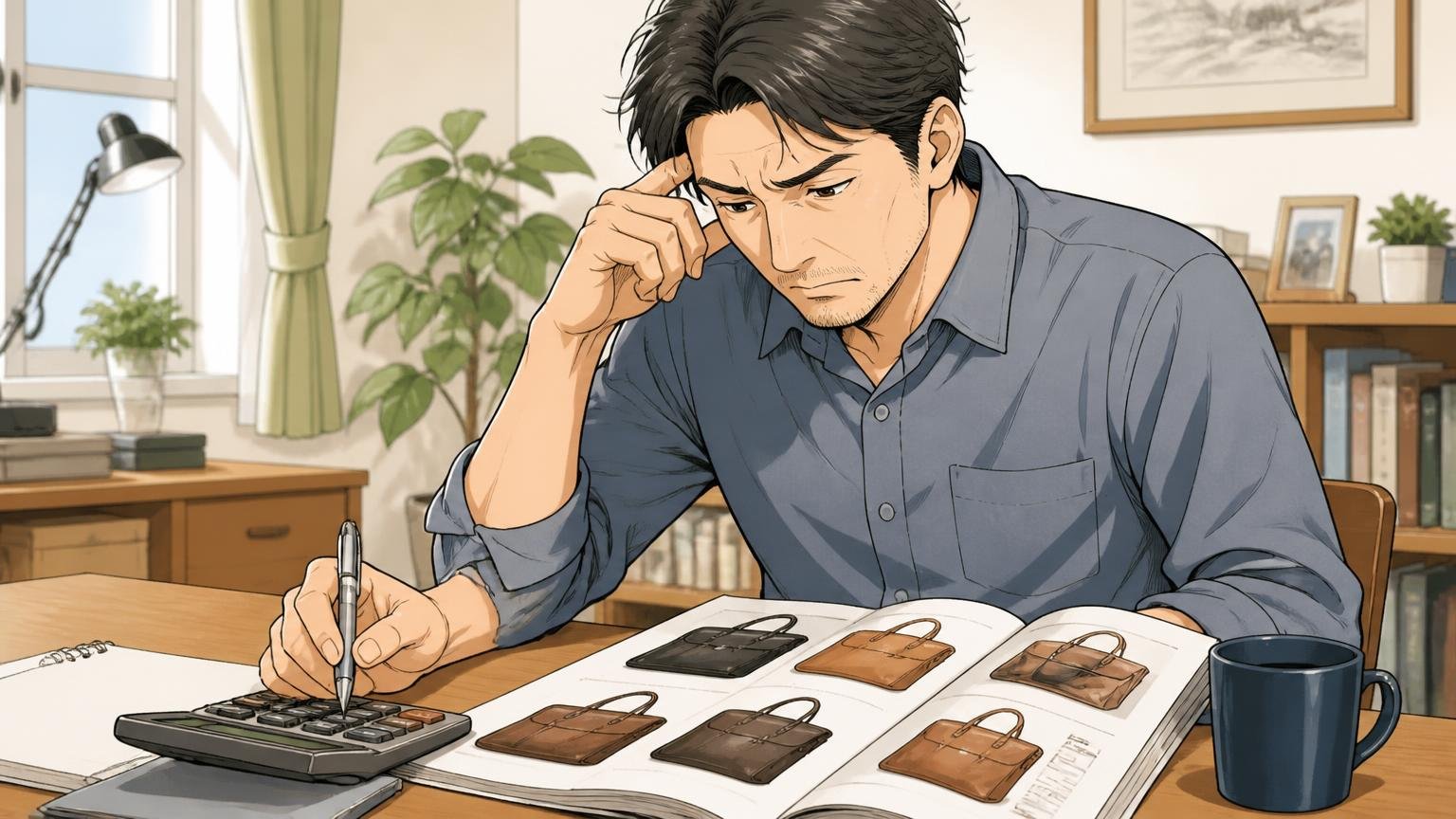 ソメスサドルが向いていない人、自宅の机で電卓と革バッグのカタログを前に眉を寄せて考え込む40代男性1人
