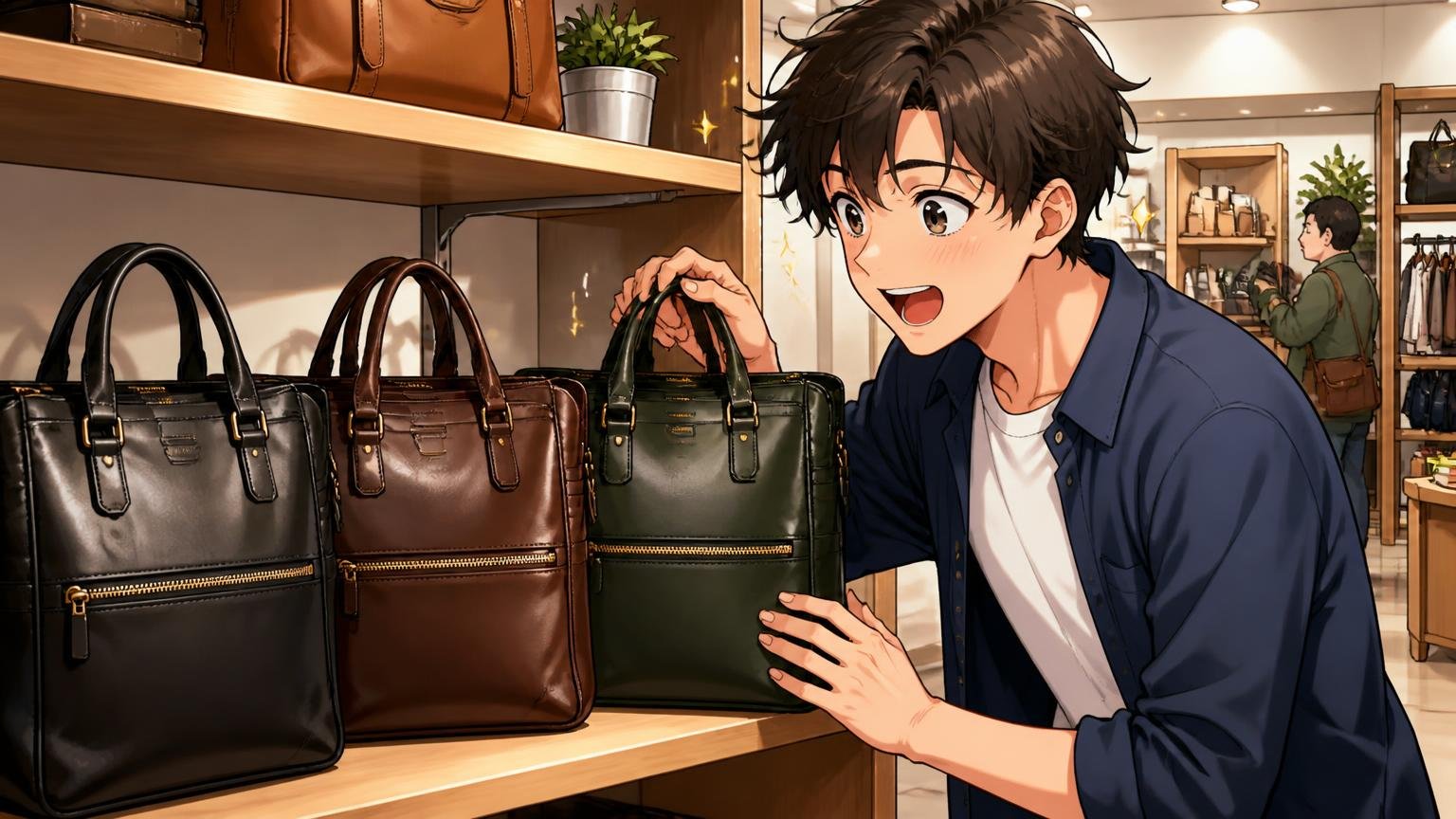 色で印象をコントロールする ショールームの棚の前で男性が黒とこげ茶と深緑の革バッグを見比べて目を輝かせる場面