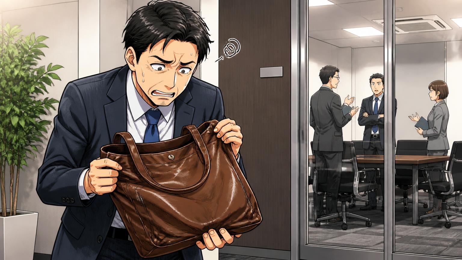 アニアリが向いていない人|スーツで商談・自立・10年修理を重視する40代。会議室前でスーツの男性がくたっとしたバッグに困る場面