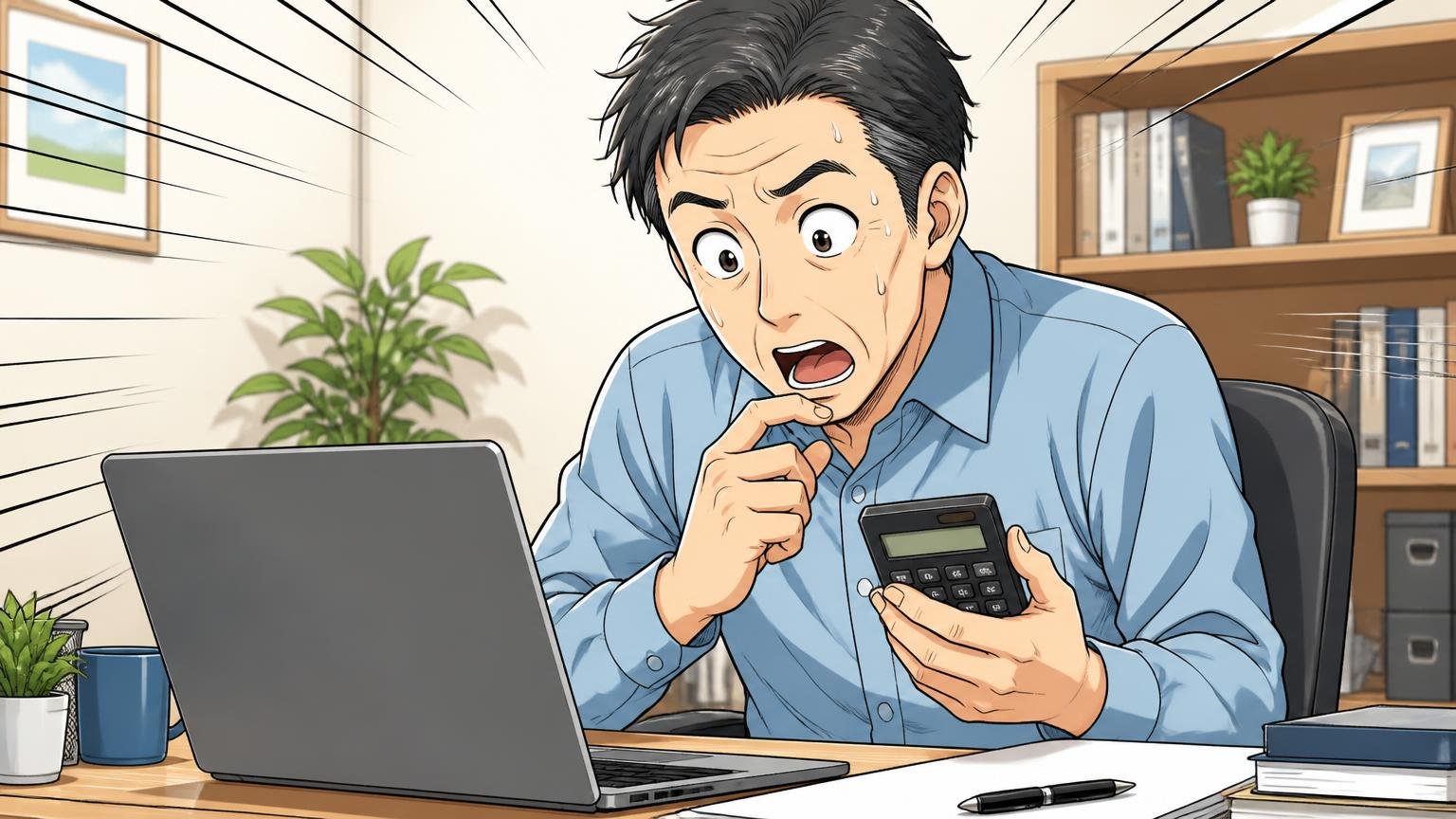 3〜5万円台でビジネスバッグを探している人 自宅のデスクで、40代男性1人がノートパソコンの価格一覧を見つめ、電卓を手に目を丸くする場面