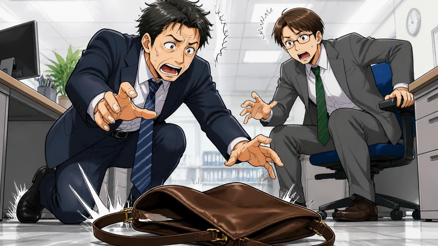 気になる口コミ｜「柔らかくて頼りない」「安っぽい」は本当か、オフィスの床に置いた革バッグがくたっと倒れて慌てる40代男性と同僚の2人