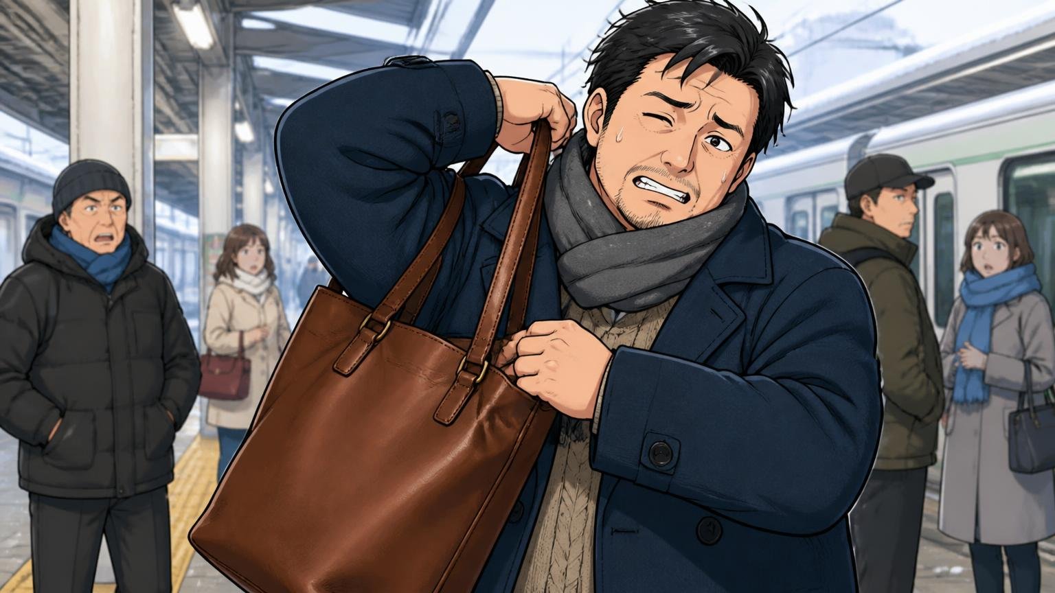 持ち手の長さを決めておく 冬の駅のホームで厚手のコートの上から革のトートバッグを肩にかけようとする40代男性1人が苦笑いする場面