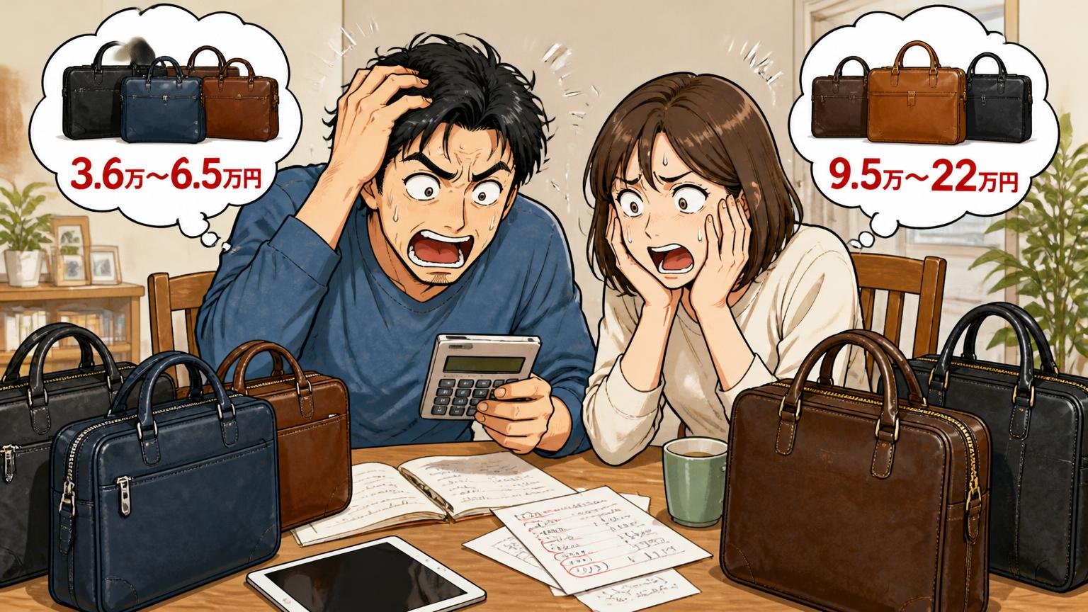 価格：アニアリはブリーフ3.6万〜6.5万円、土屋鞄は9.5万〜22万円、食卓で電卓を手に価格を比べ頭を抱える夫婦2人