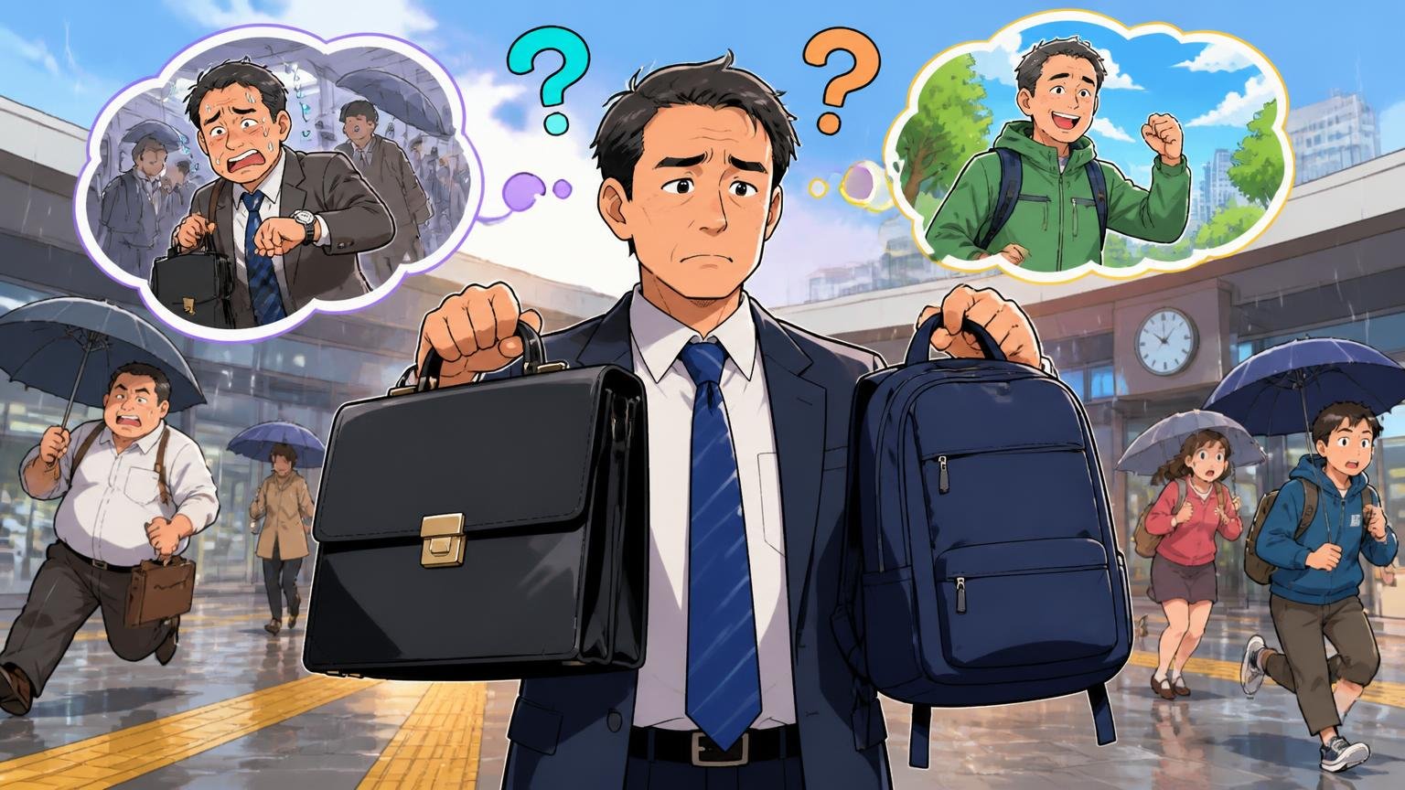 向いていない40代と代わりの選択肢｜雨の駅前でブリーフケースとナイロンリュックを手に男性が真剣に悩む場面