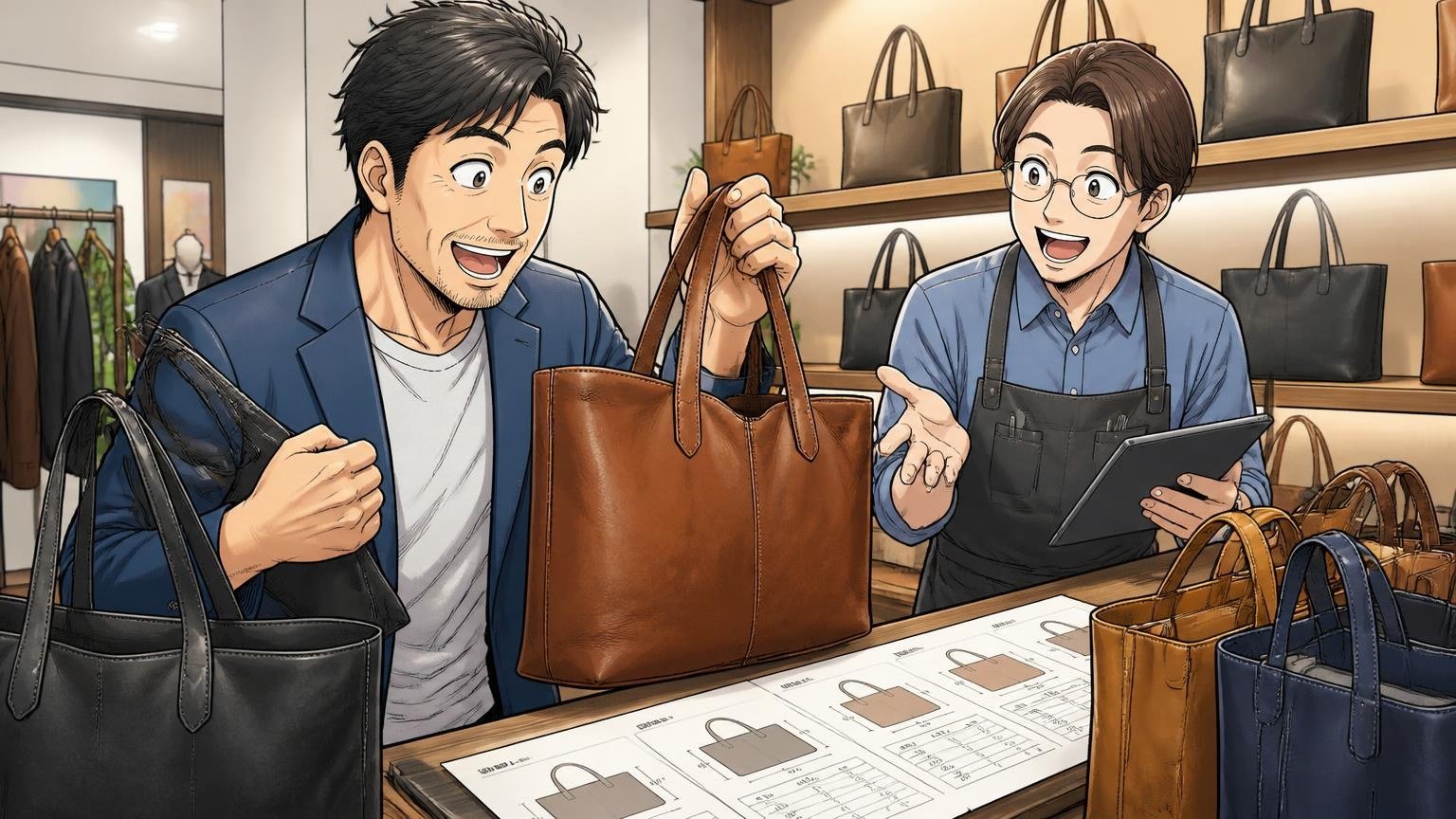向いていると分かったら、日本製ブランドの公式サイズと実物を比べてみる　革製品のショールームで複数の革トートを手に取り、サイズ表と見比べる40代男性1人と店員1人