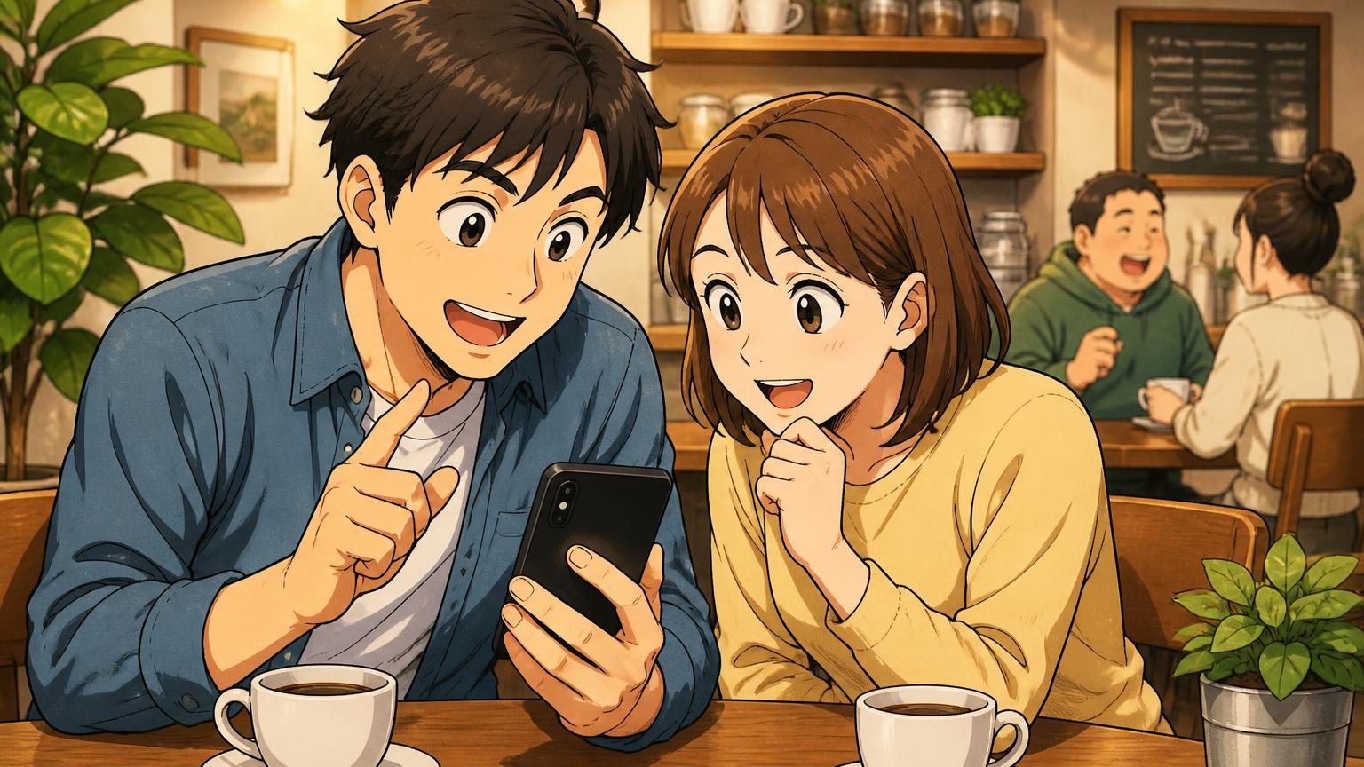 弱点まで公式が開示し否定的なレビューも載っている。カフェでスマホのレビュー画面を見ながら感心してうなずく男女2人