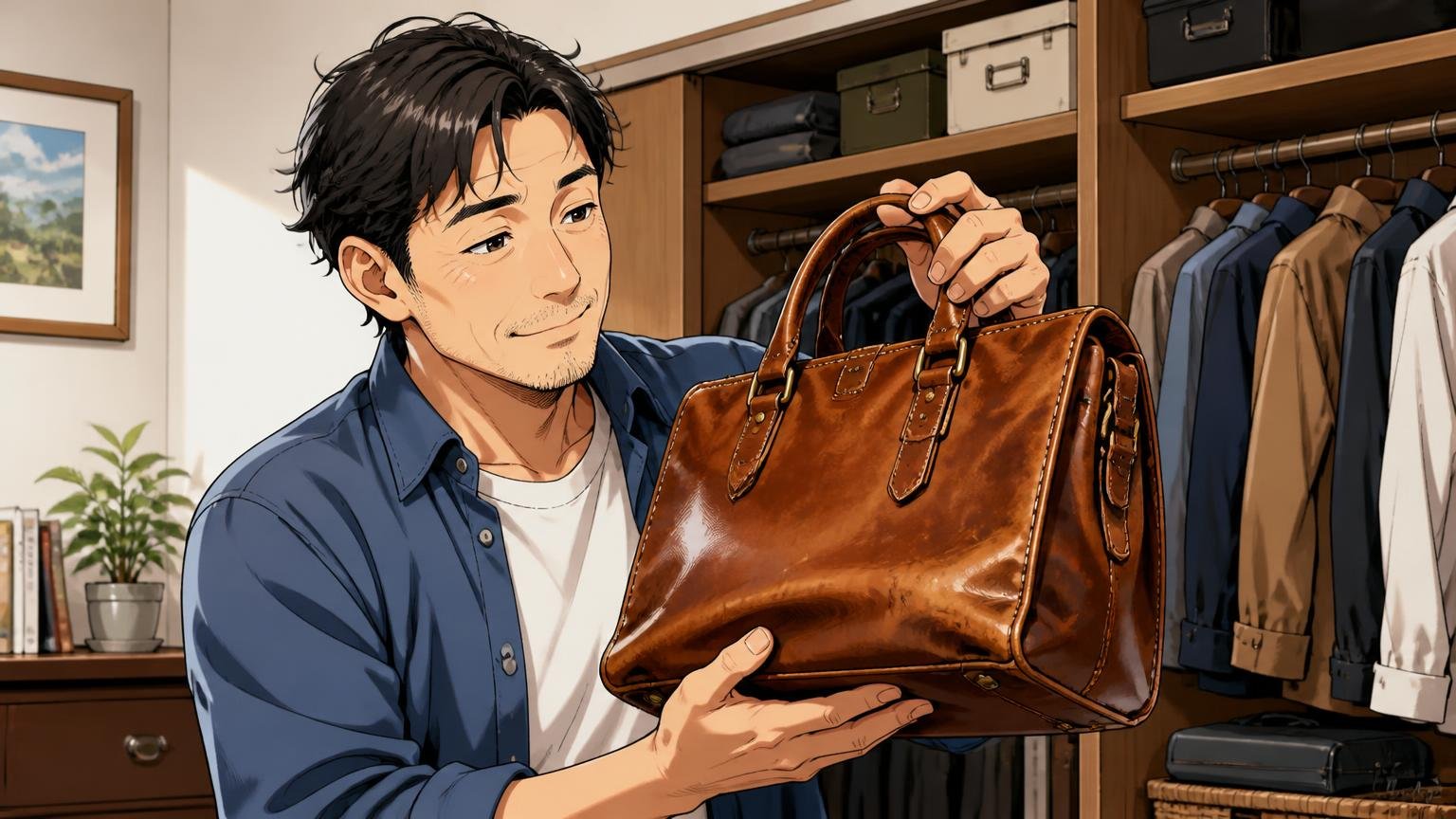 5〜10年以上は「部品を直しながら、欠点は重さだけ」に落ち着く 自宅のクローゼットの前で飴色になった革バッグを手に取る場面 40代男性1人が愛おしそうに微笑む