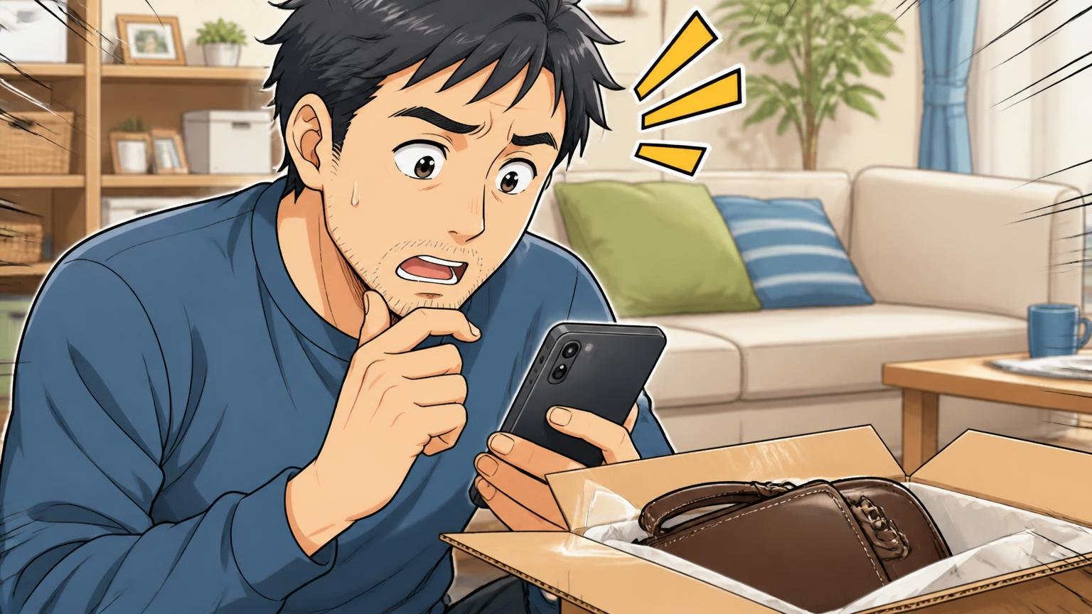 返品・修理の窓口は購入先によって変わる 自宅で届いたバッグの箱を前にスマホで返品条件を読む40代男性