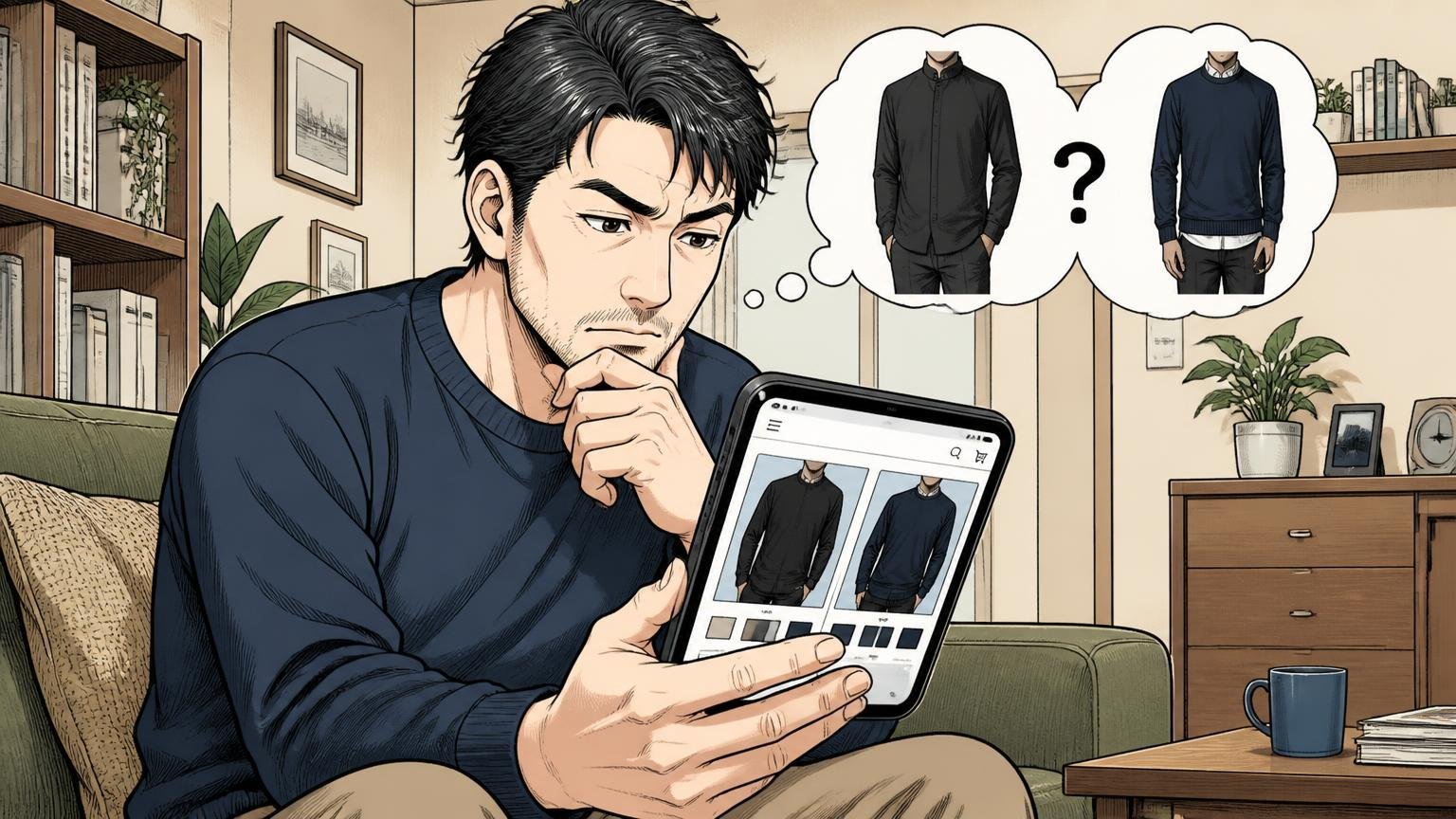 「tk.TAKEO KIKUCHI」と「TAKEO KIKUCHI」は別ライン。口コミを読む前に確認、自宅のソファでスマホの商品ページを見比べる40代男性1人