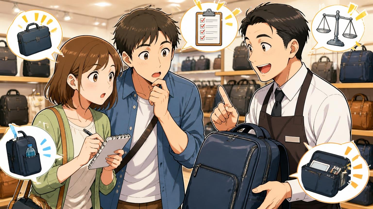 買う前に確認したい5つのチェックポイント 鞄売り場で店員にチェック項目を質問しメモを取る夫婦2人