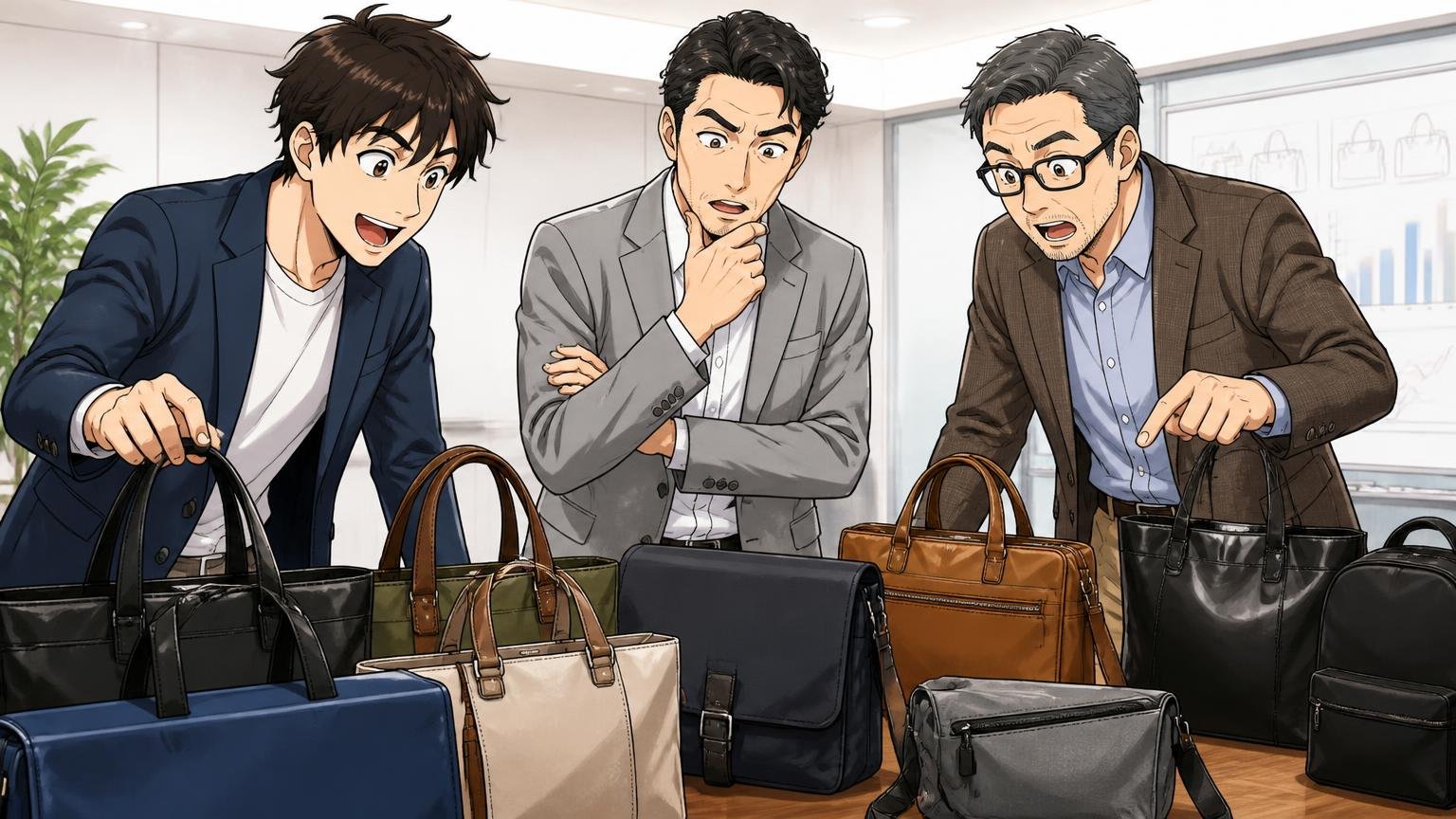 年齢層の声は「オン ブルーは20〜30代、コレクションはその上」が多い 会議室で社員がバッグを並べる場面 年代の違う男性3人が見比べる