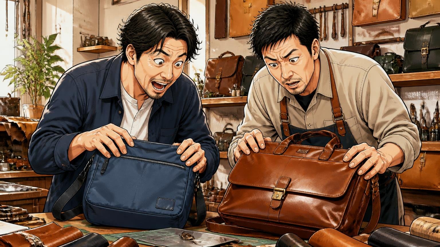 本体はナイロン主体で、「革のバッグ」とは別もの 革製品店の作業台でナイロンのバッグと革のバッグを手で触り比べる40代男性2人