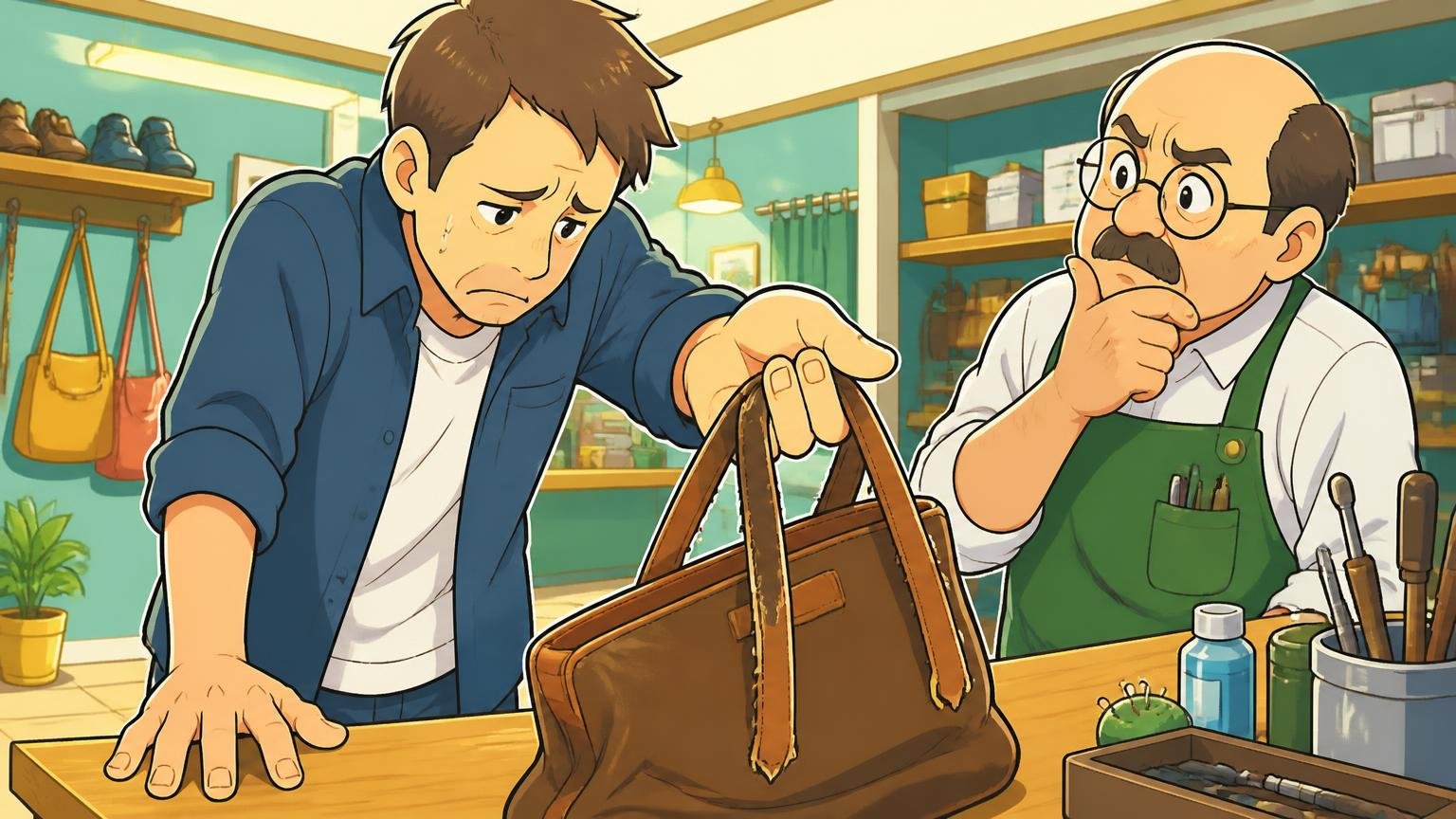 修理できるかどうかは「どこで買ったか」で変わる 修理工房のカウンターで持ち手の傷んだバッグを差し出す男性1人が肩を落とす場面