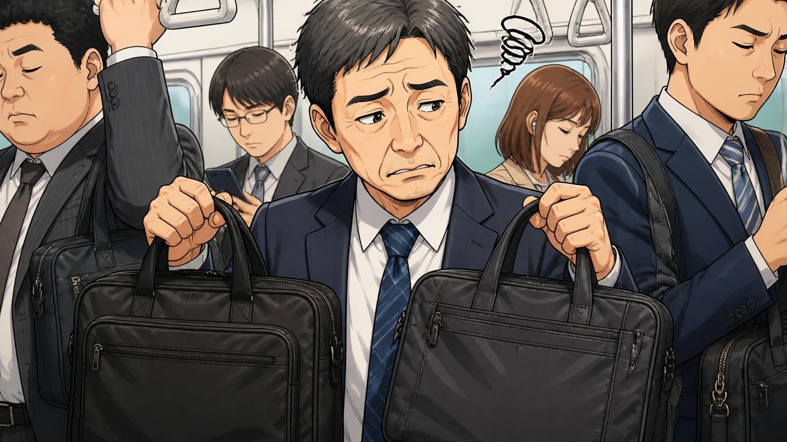 「いかにもビジネスバッグ」から一歩抜けたい人 通勤電車の車内で40代男性が周りと同じようなナイロンバッグを見比べて苦笑いする場面
