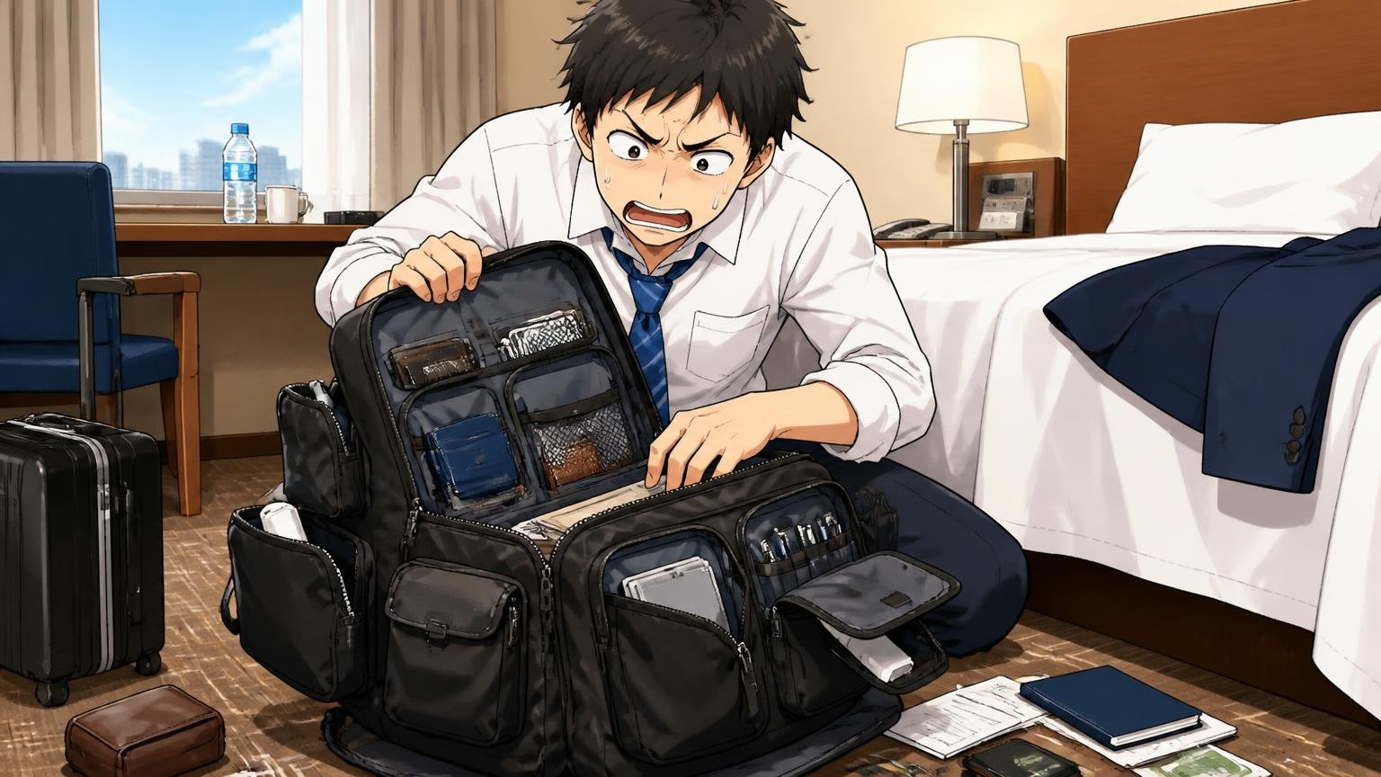 「思ったより重い」「ポケットが多すぎる」という声。出張先のホテルの部屋でポケットを次々に開けて探し物をする男性1人が困り顔