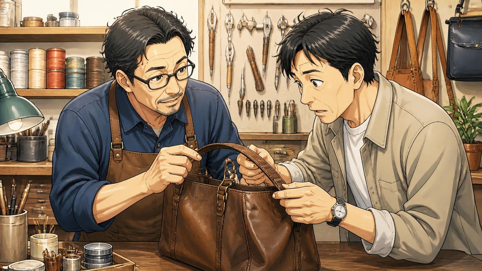 判断軸③修理の受け皿｜壊れたときに直せるか｜革製品の修理工房のカウンターで職人と40代男性の2人がバッグの持ち手を確かめる場面