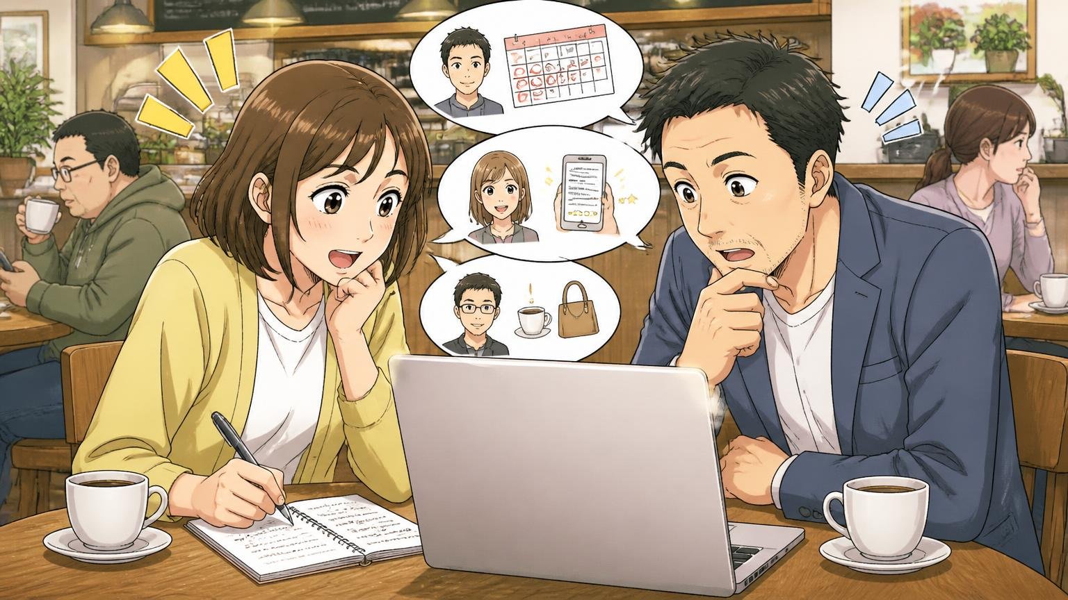 何年使ったどんな使い方の人の声かを確認する カフェのテーブルでメモを取りながら口コミを読む30代女性と40代男性2人が相談する場面