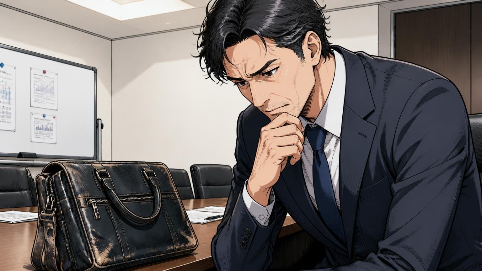向いていない人：40代の「仕事の主役」として10年付き合いたい人 商談前の会議室で角の擦れたバッグを見下ろす場面 40代男性1人が考え込む
