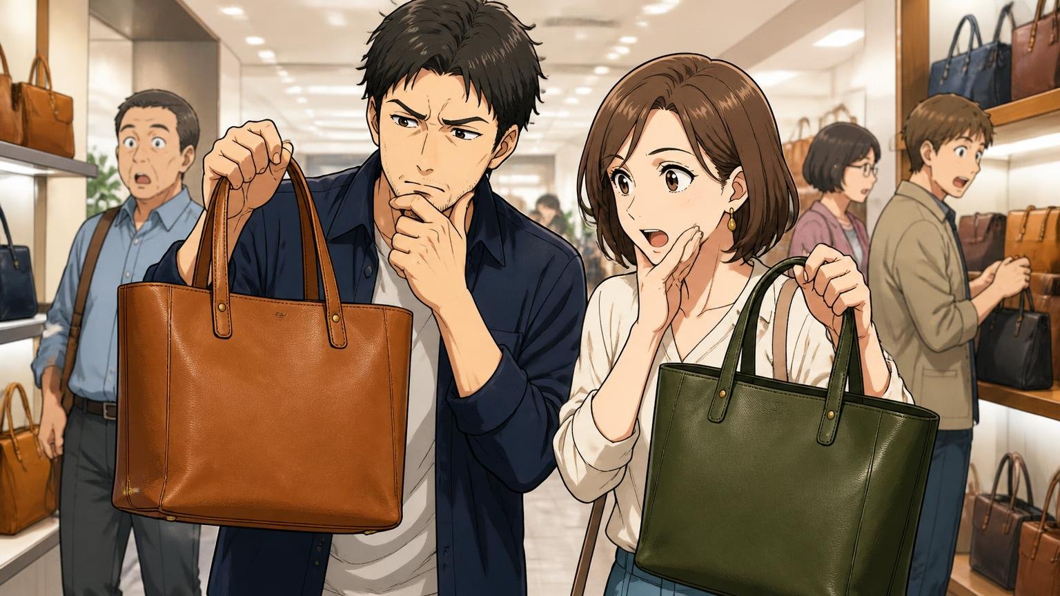 同じ色でも「渋くて良い」「イメージと違う」に分かれる バッグ売り場の照明の下で、キャメルとグリーンの革トートを見比べる夫婦2人