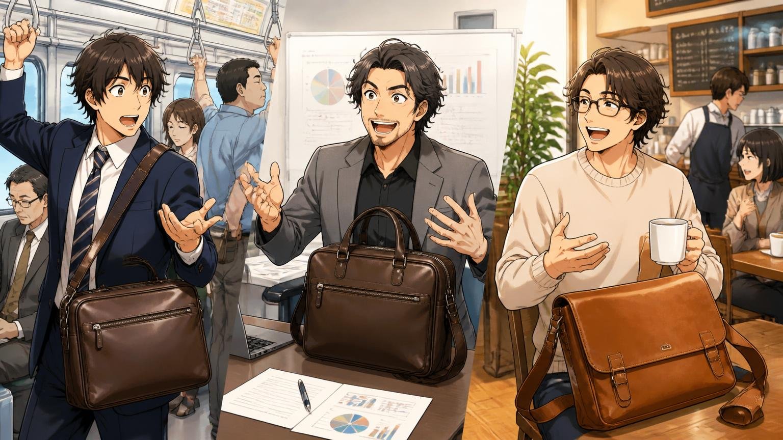 「どんな使い方の人か」で読み分ける 通勤電車と商談の会議室とカフェで革バッグを使う男性3人が身振りで語り合う場面