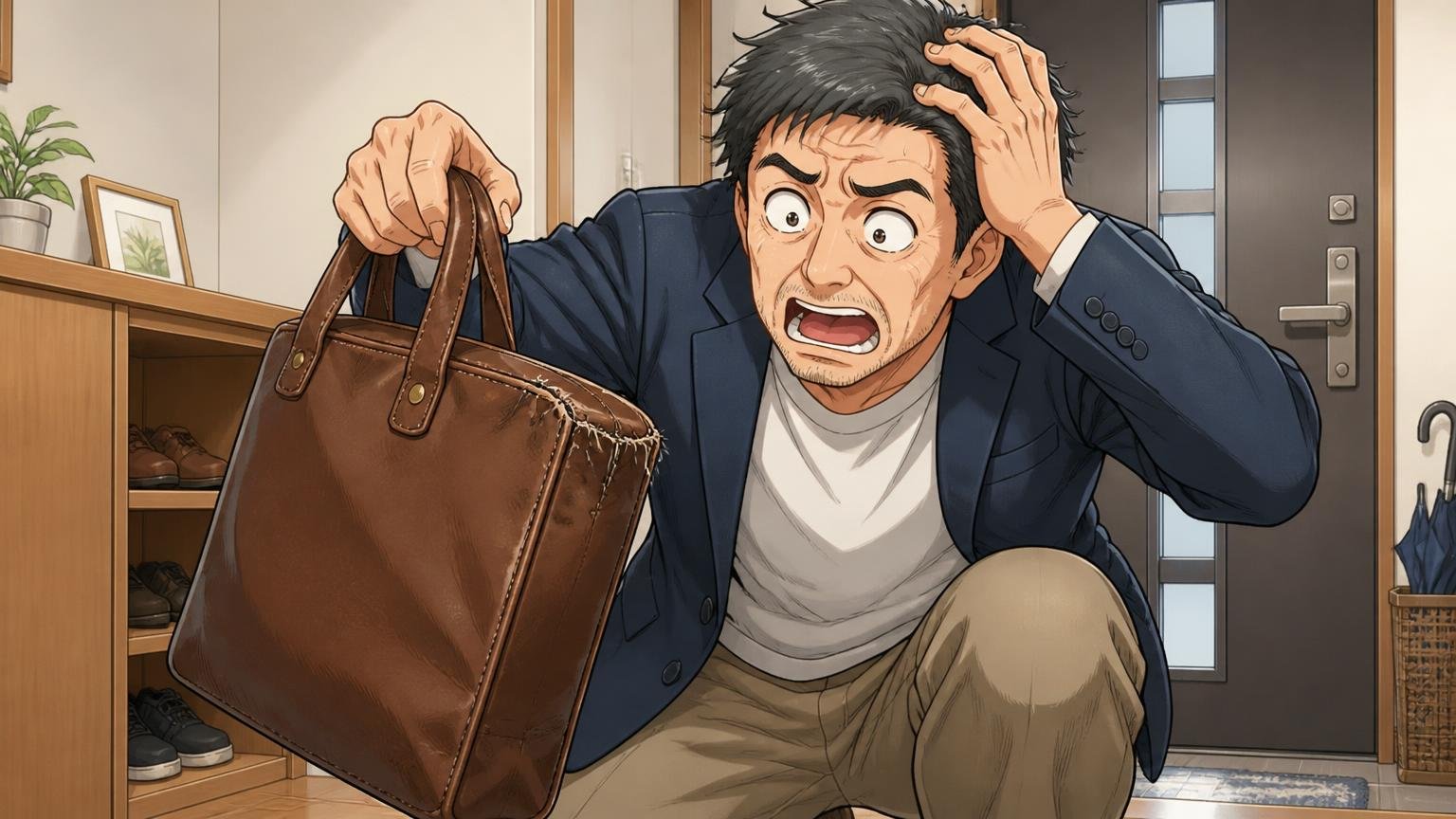 革に移るときに損をする人の4つの共通パターン　自宅の玄関で40代男性が角の糸がほつれた革のバッグを持ち上げて頭を抱える場面
