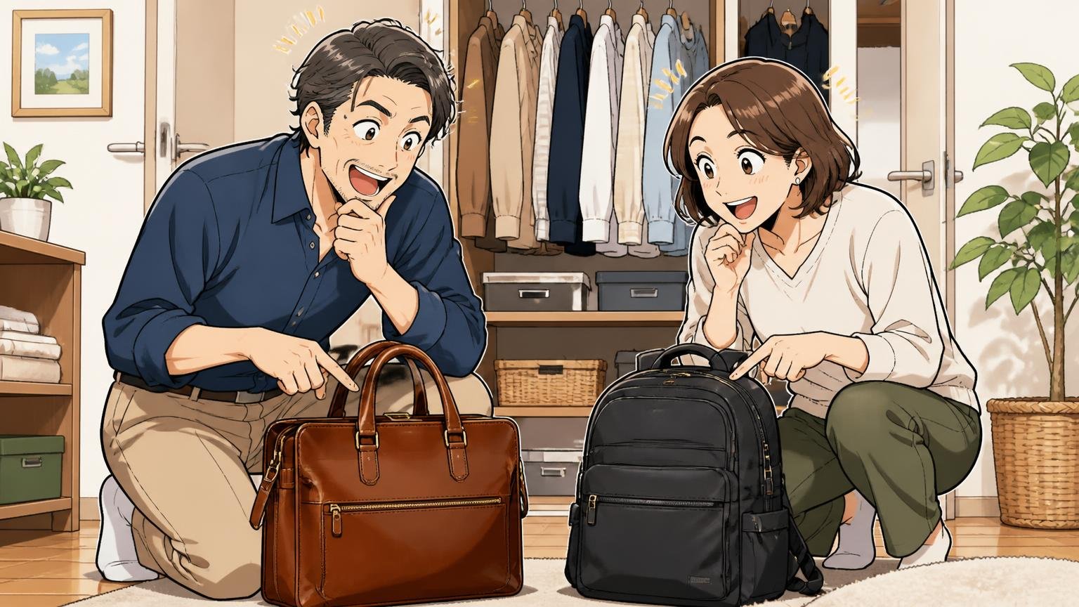 迷ったら「平日は革、雨と移動の日はナイロン」の2本持ちもあり、自宅のクローゼット前で革バッグとリュックを並べる40代夫婦の2人が楽しそうに相談する場面