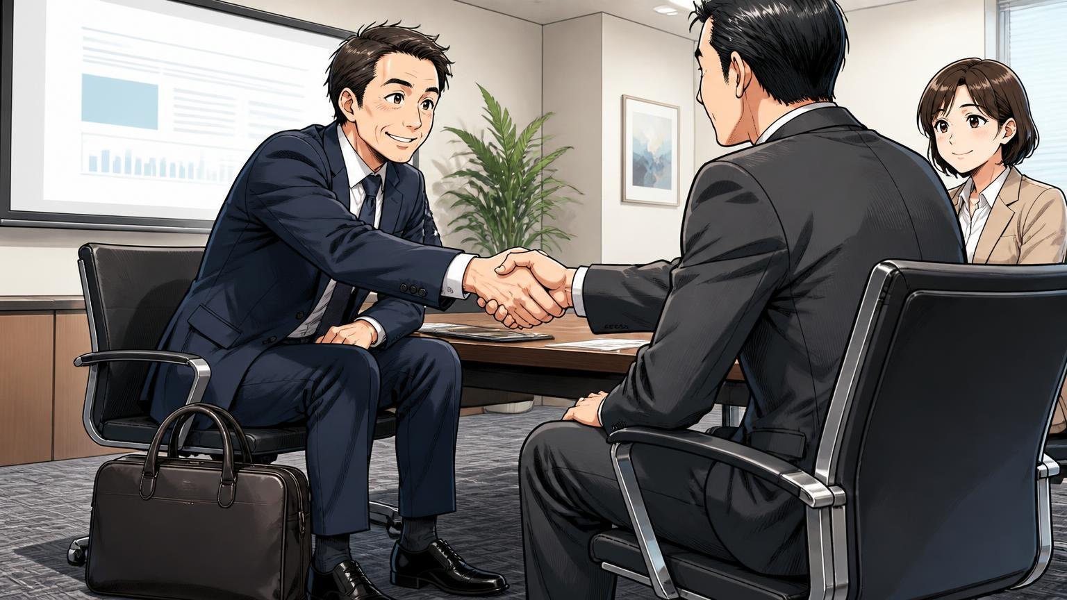 ロゴで主張しないちょうど良さ 商談の会議室で40代男性が足元に無地の革バッグを置き取引先と握手する場面