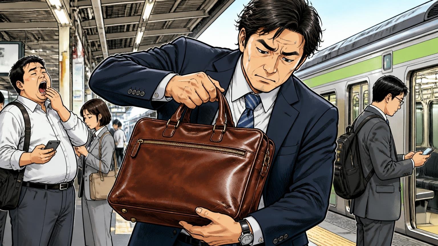 40代の仕事用バッグとして選ぶなら知っておきたいこと、朝の駅のホームで40代男性が重い革のブリーフケースを持ち替える場面