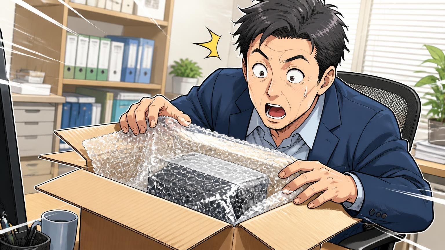 通販ショップの星4.9は「対応」の評価であって「耐久性」の評価ではない。オフィスのデスクで届いた荷物の丁寧な梱包を開けて驚く40代男性1人