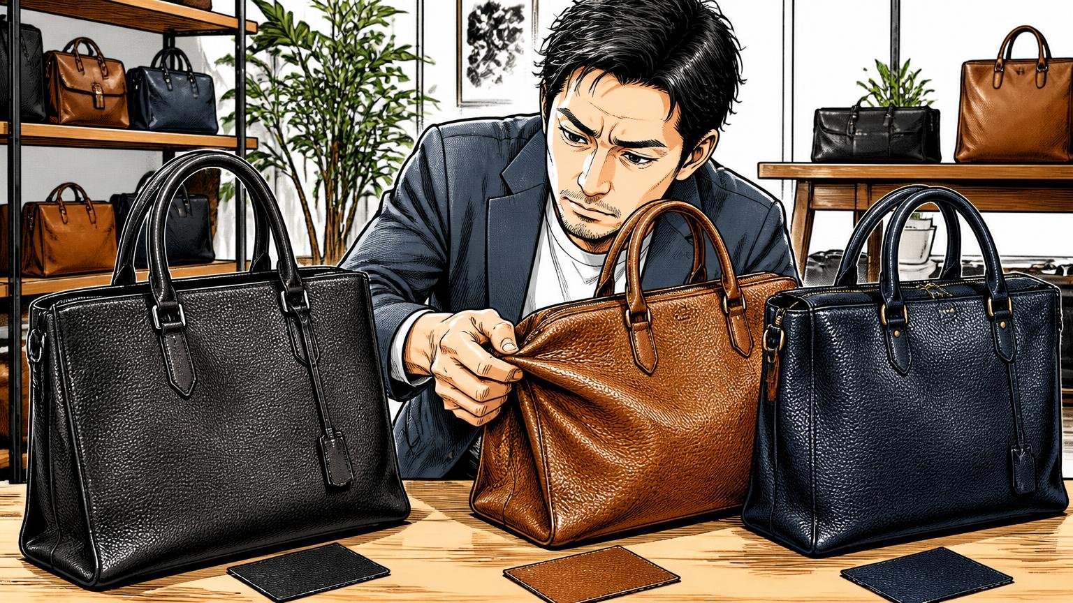 ロゴより素材と縫製で選びたい40代が、コーチと並べて比べたい日本製の革バッグブランド3選 ショールームで革の質感を確かめる男性1人