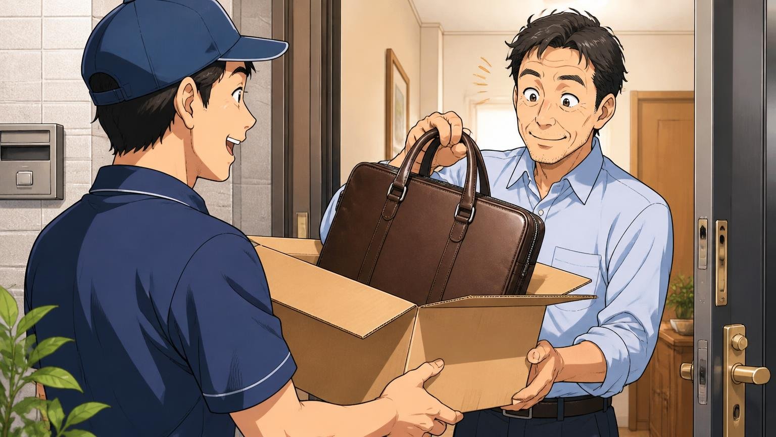 Amazonが向いている人・向いていない人 マンションの玄関で宅配の箱を受け取り中身の革ブリーフケースを確認して頷く40代男性1人と配達員1人